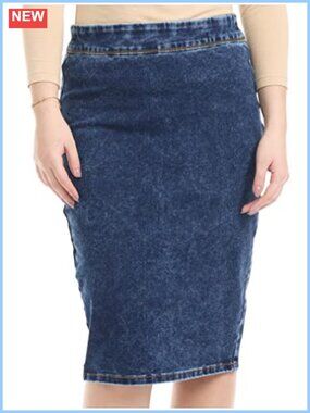 Pull-On Pencil Skirt 4 Way Stretch Denim Cotton Blend Knee Length